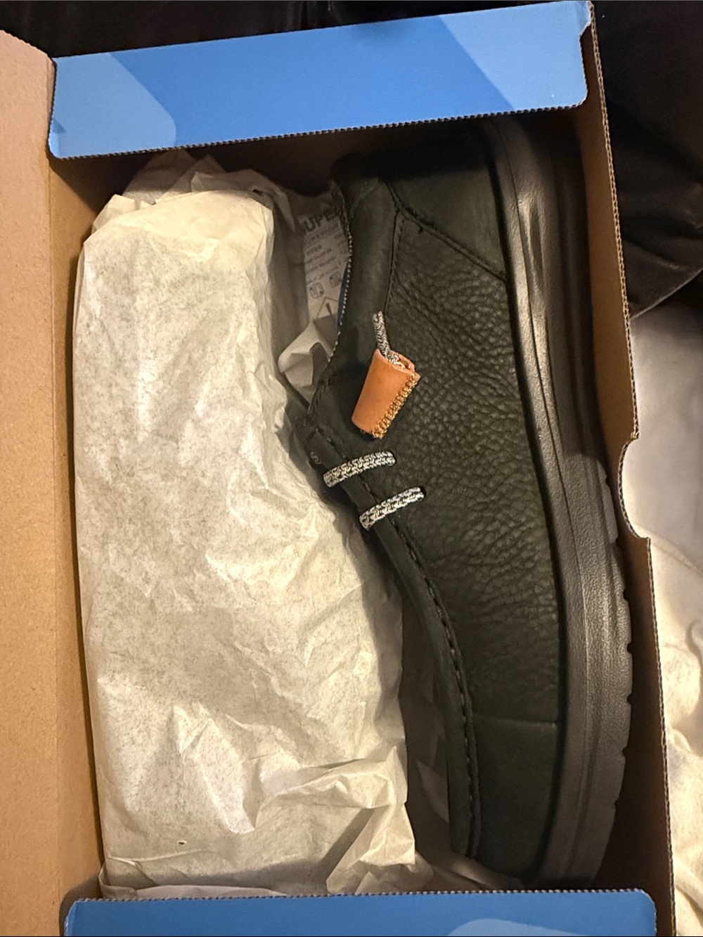 Hey Dude Men's Black Leather Slip-On with Tan Accent